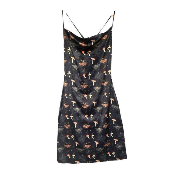 Disturbia Medeina Print Cowl Neck Satin Slip Dress S Fairy Mushroom Moth Cottage - Picture 5 of 13
